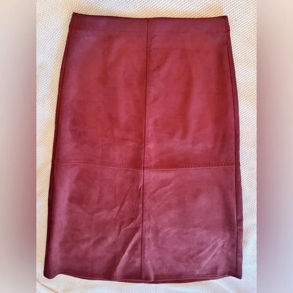 MAX STUDIO Faux Suede Leather Burgundy A-Line Midi Skirt - Picture 5 of 13